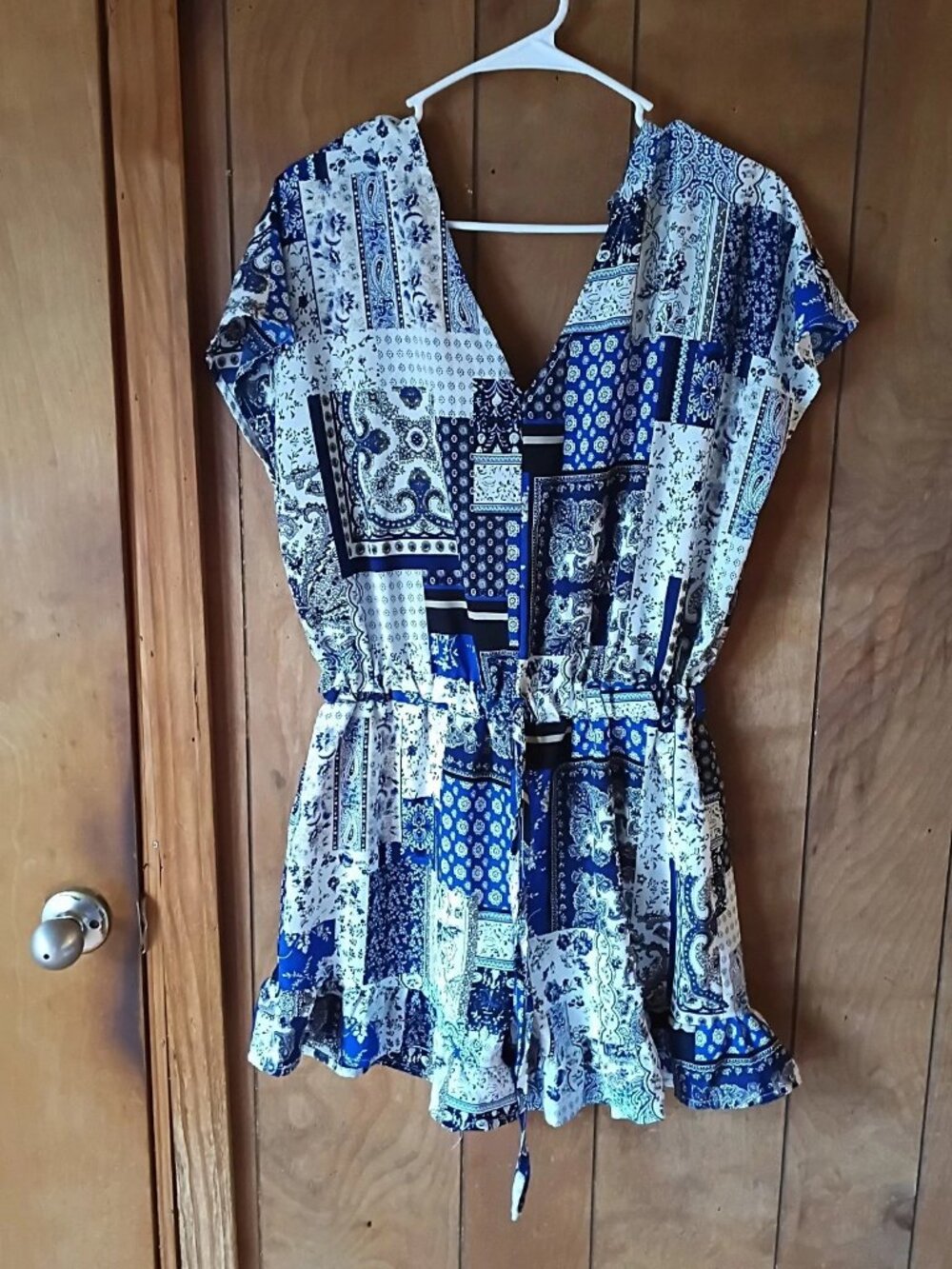 Blue B Women's Printed Romper Size Medium – Blue & White Boho – Elastic Waist